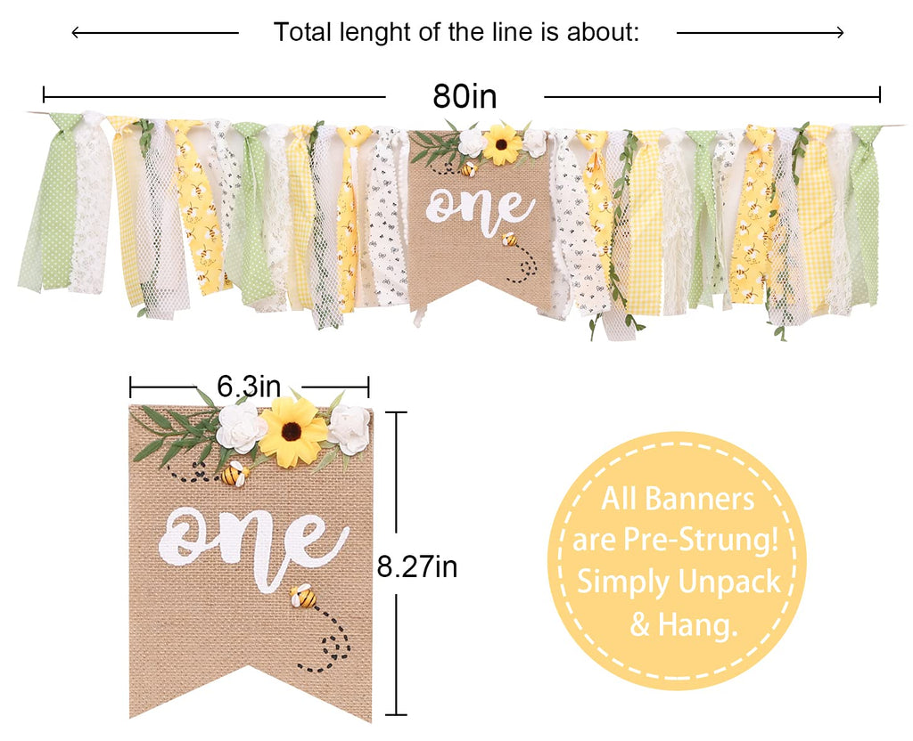 OTURGC Bee Theme 1st Birthday High Chair Banner - Multicolor Bees & Flowers, 80in x 8.27in Linen