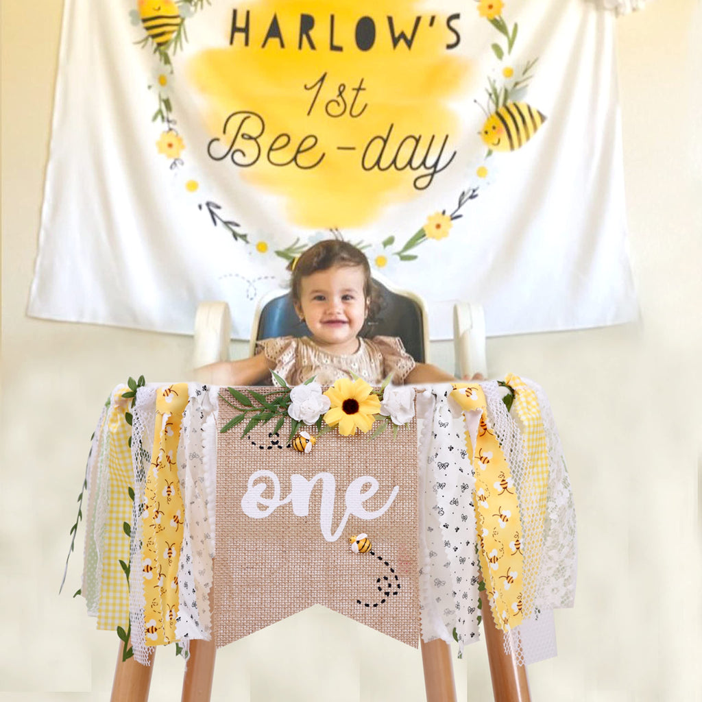 OTURGC Bee Theme 1st Birthday High Chair Banner - Multicolor Bees & Flowers, 80in x 8.27in Linen