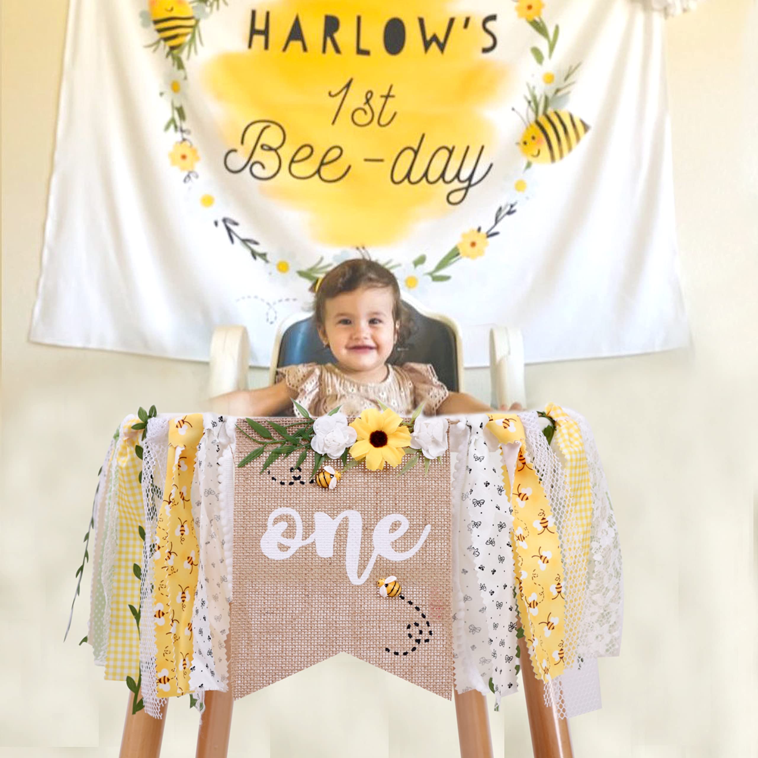 OTURGC Bee Theme 1st Birthday High Chair Banner - Multicolor Bees & Flowers, 80in x 8.27in Linen