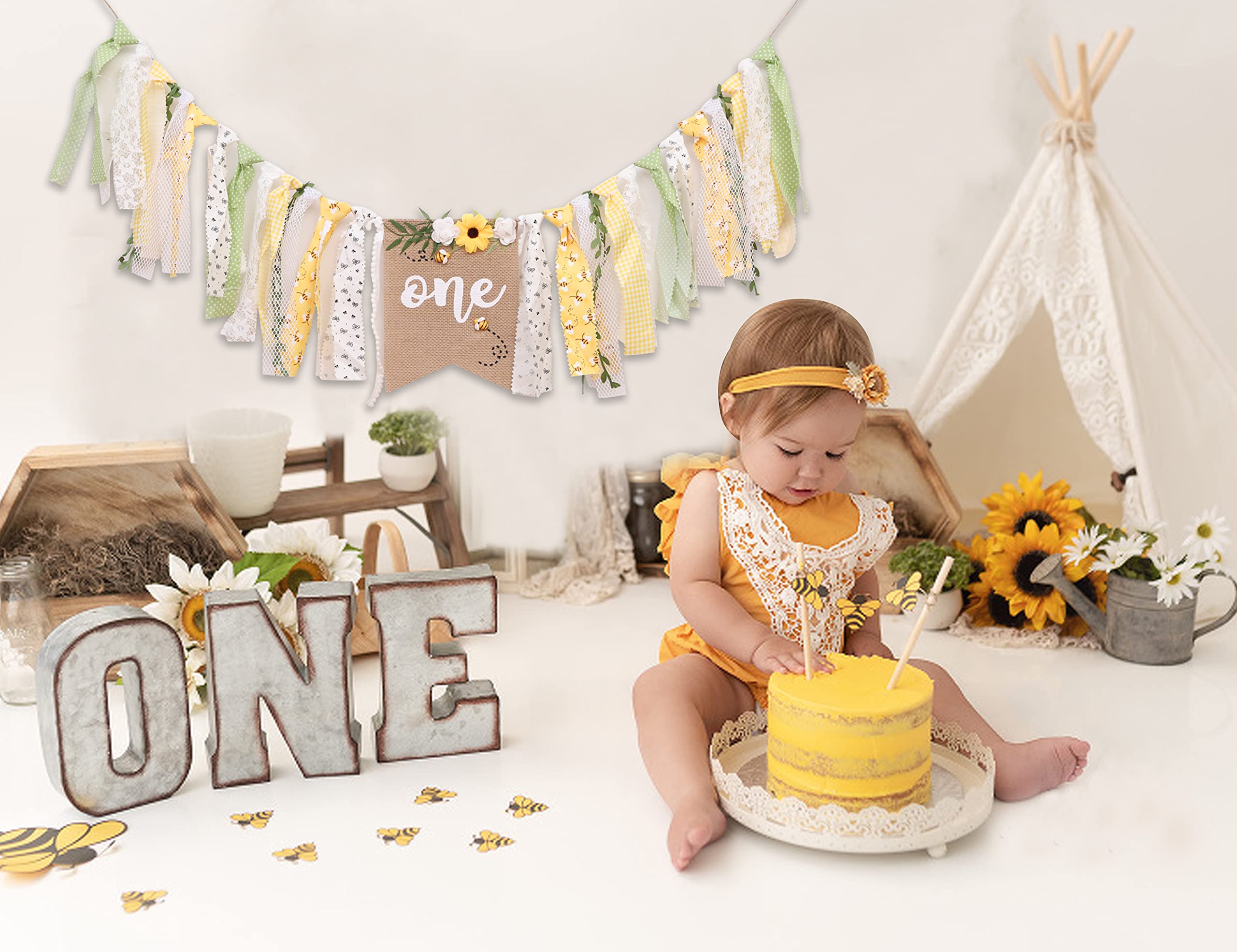 OTURGC Bee Theme 1st Birthday High Chair Banner - Multicolor Bees & Flowers, 80in x 8.27in Linen