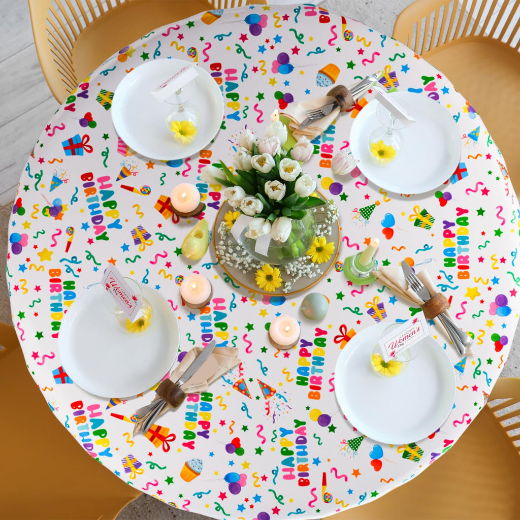 Oudain 3 Pcs Happy Birthday Tablecloths - 84-Inch Round White, Waterproof Disposable