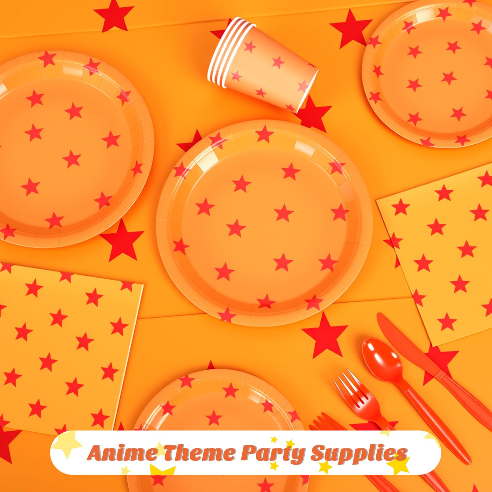 Oudain 170 Pcs Anime Tableware Set – Yellow & Red Stars, Plates, Cups, Tablecloth