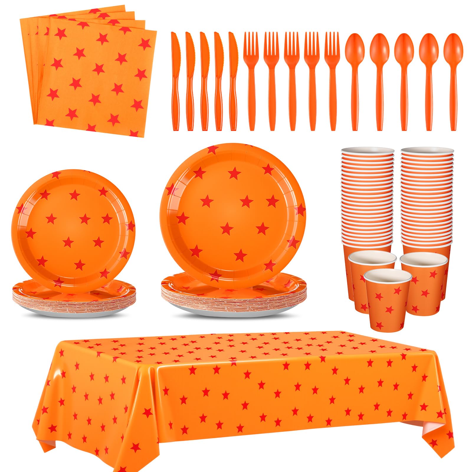 Oudain 170 Pcs Anime Tableware Set – Yellow & Red Stars, Plates, Cups, Tablecloth