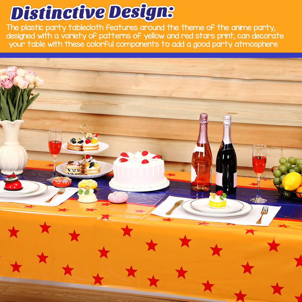 Oudain 3 Pcs Anime Theme Tablecloth – 108 x 54 in | Yellow, Blue & Red Stars