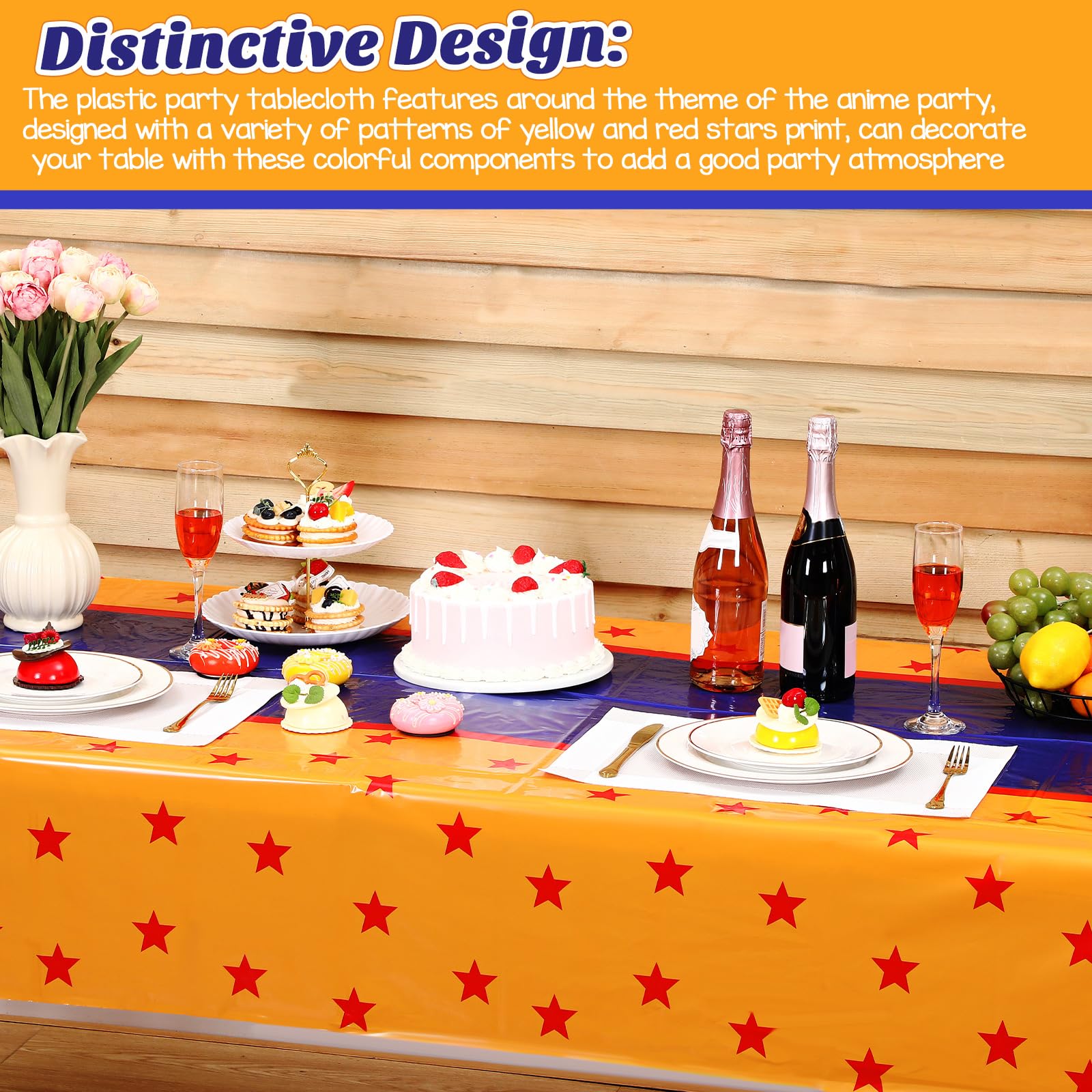 Oudain 3 Pcs Anime Theme Tablecloth – 108 x 54 in | Yellow, Blue & Red Stars