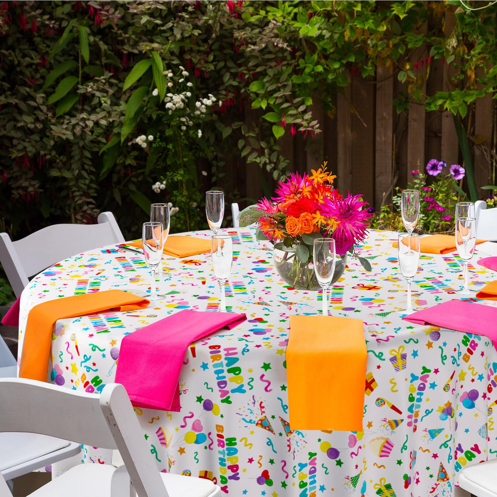 Oudain 3 Pcs Happy Birthday Tablecloths - 84-Inch Round White, Waterproof Disposable