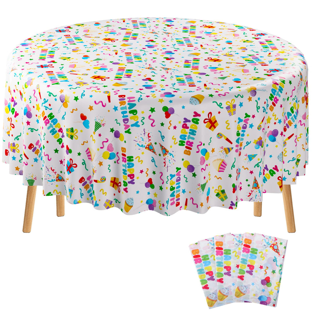 Oudain 3 Pcs Happy Birthday Tablecloths - 84-Inch Round White, Waterproof Disposable