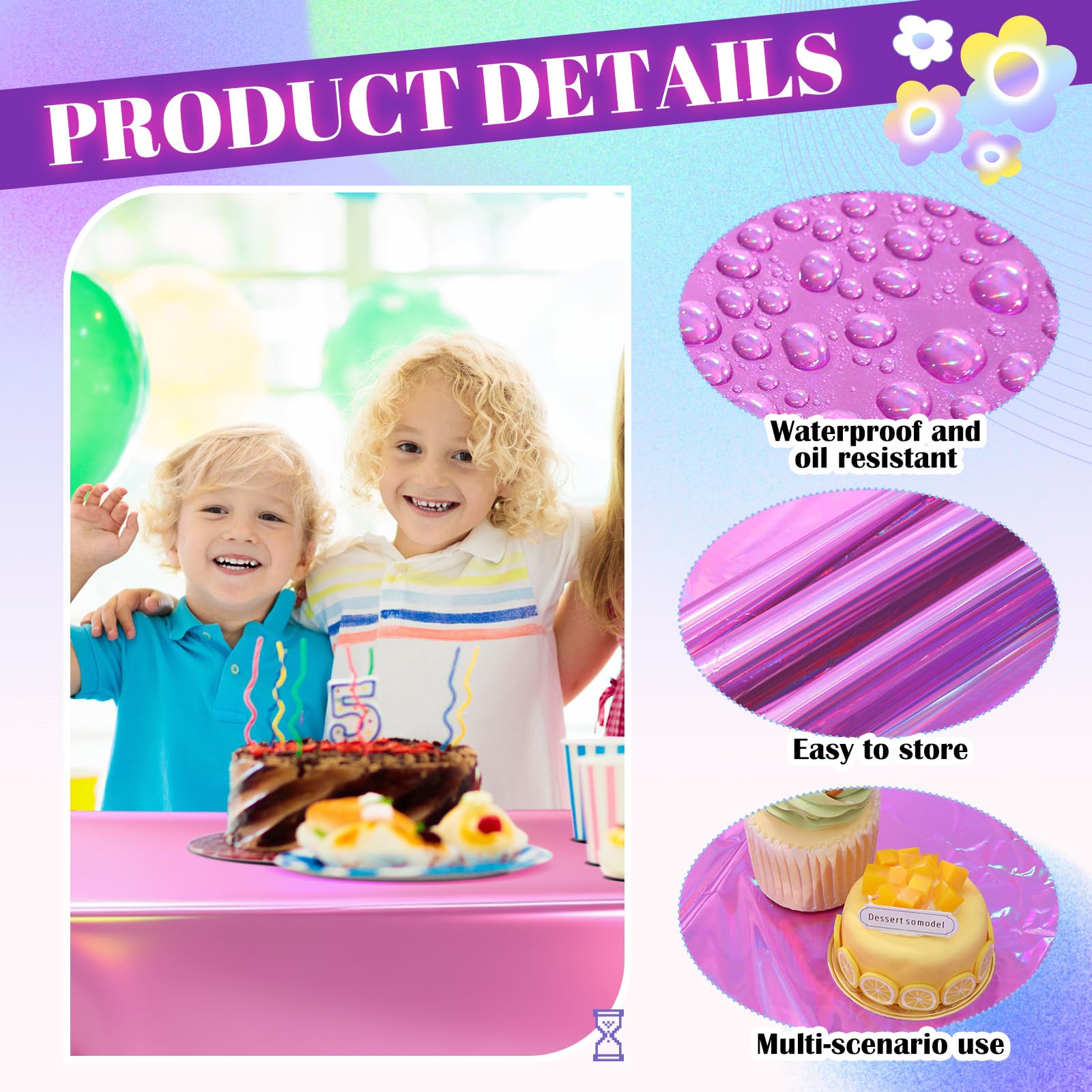 Oudain 3 Pcs Iridescent Kpop Tablecloth Set – 54x108 in Waterproof Pink/Purple/Silver