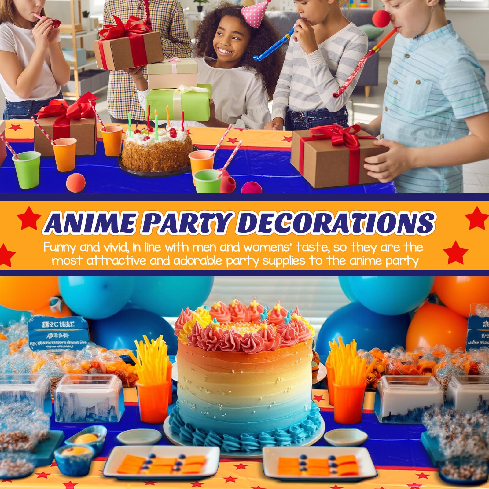 Oudain 3 Pcs Anime Theme Tablecloth – 108 x 54 in | Yellow, Blue & Red Stars
