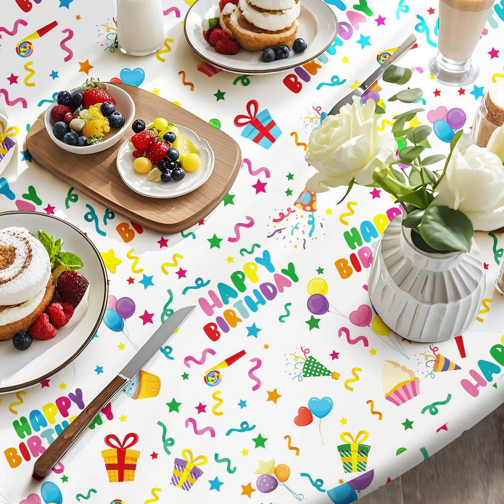 Oudain 3 Pcs Happy Birthday Tablecloths - 84-Inch Round White, Waterproof Disposable