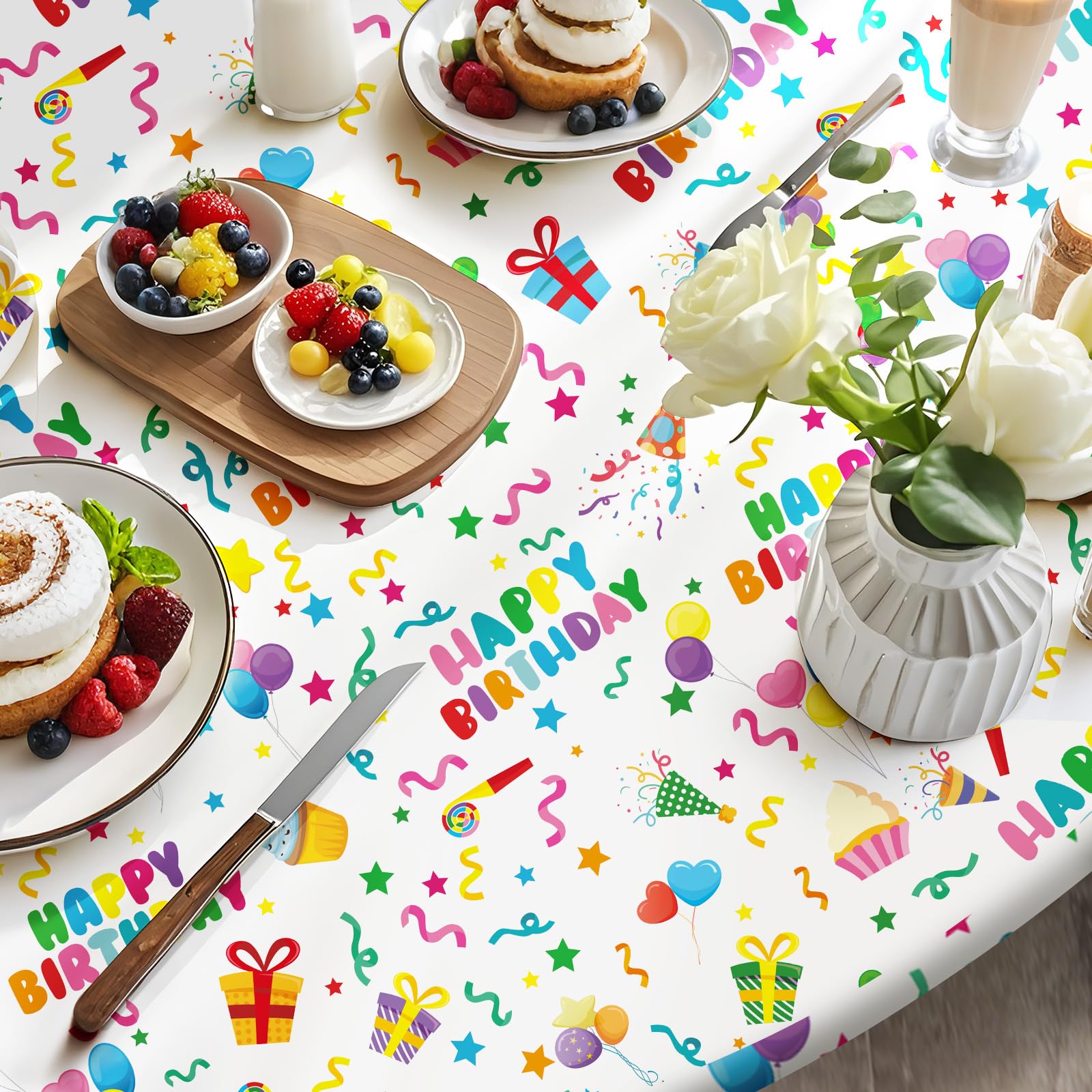 Oudain 3 Pcs Happy Birthday Tablecloths - 84-Inch Round White, Waterproof Disposable