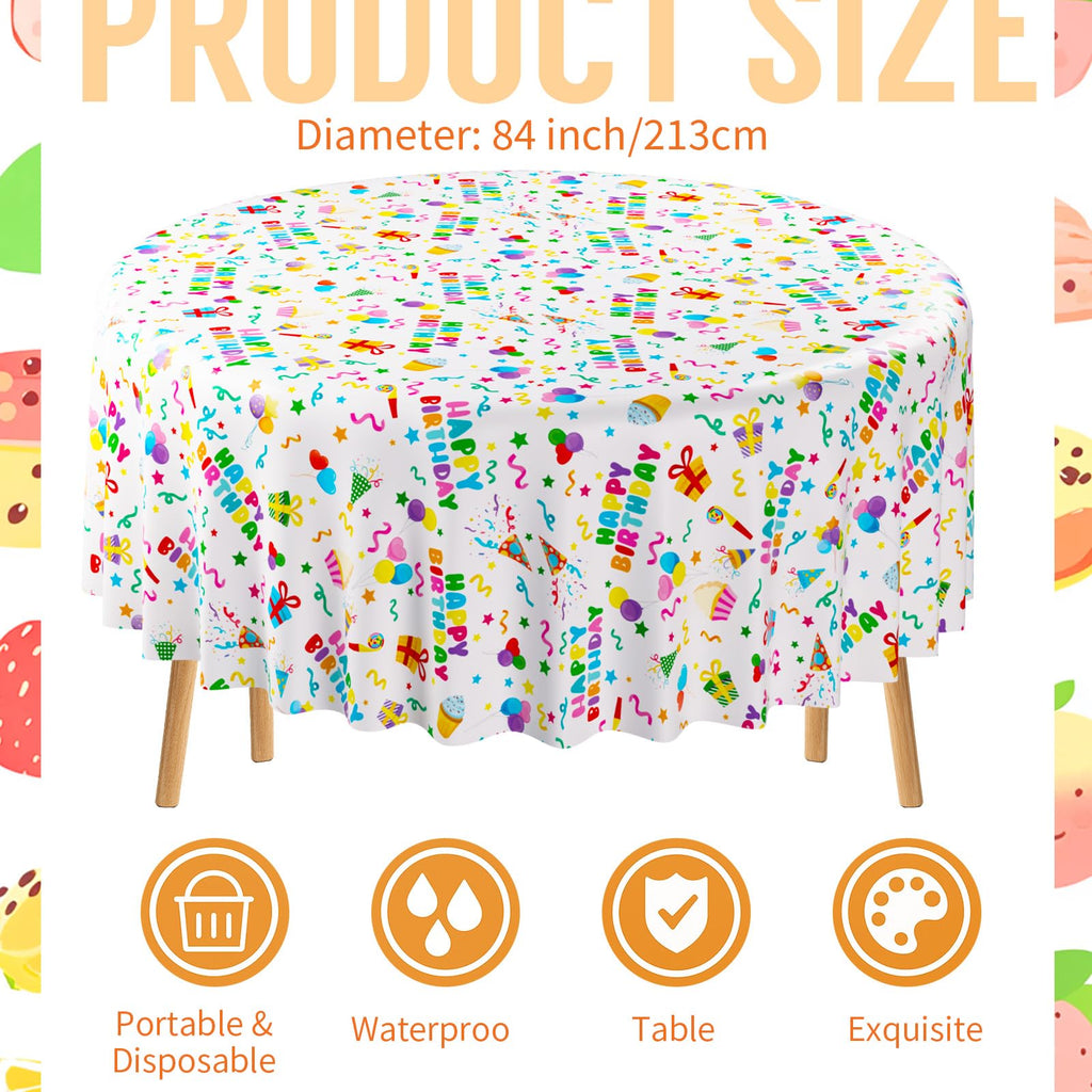 Oudain 3 Pcs Happy Birthday Tablecloths - 84-Inch Round White, Waterproof Disposable