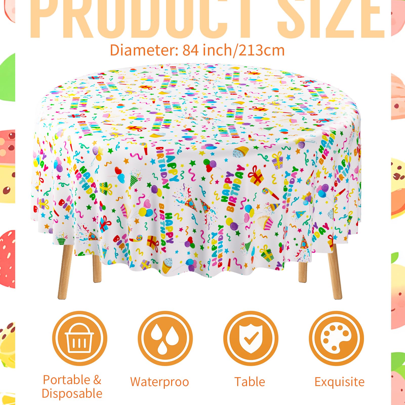 Oudain 3 Pcs Happy Birthday Tablecloths - 84-Inch Round White, Waterproof Disposable