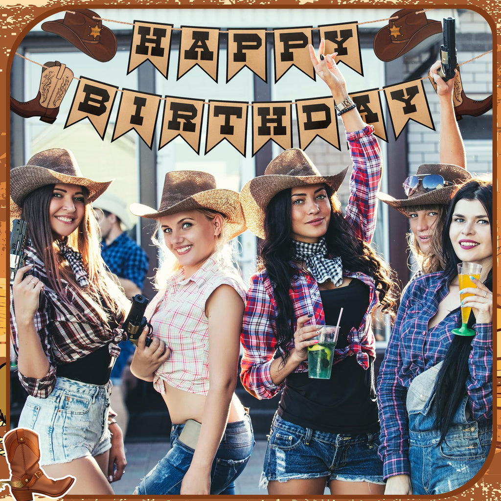Oudain Western Birthday Cowboy Party Decoration – Double-Layer Hat & Boots Banner + Hanging Swirls