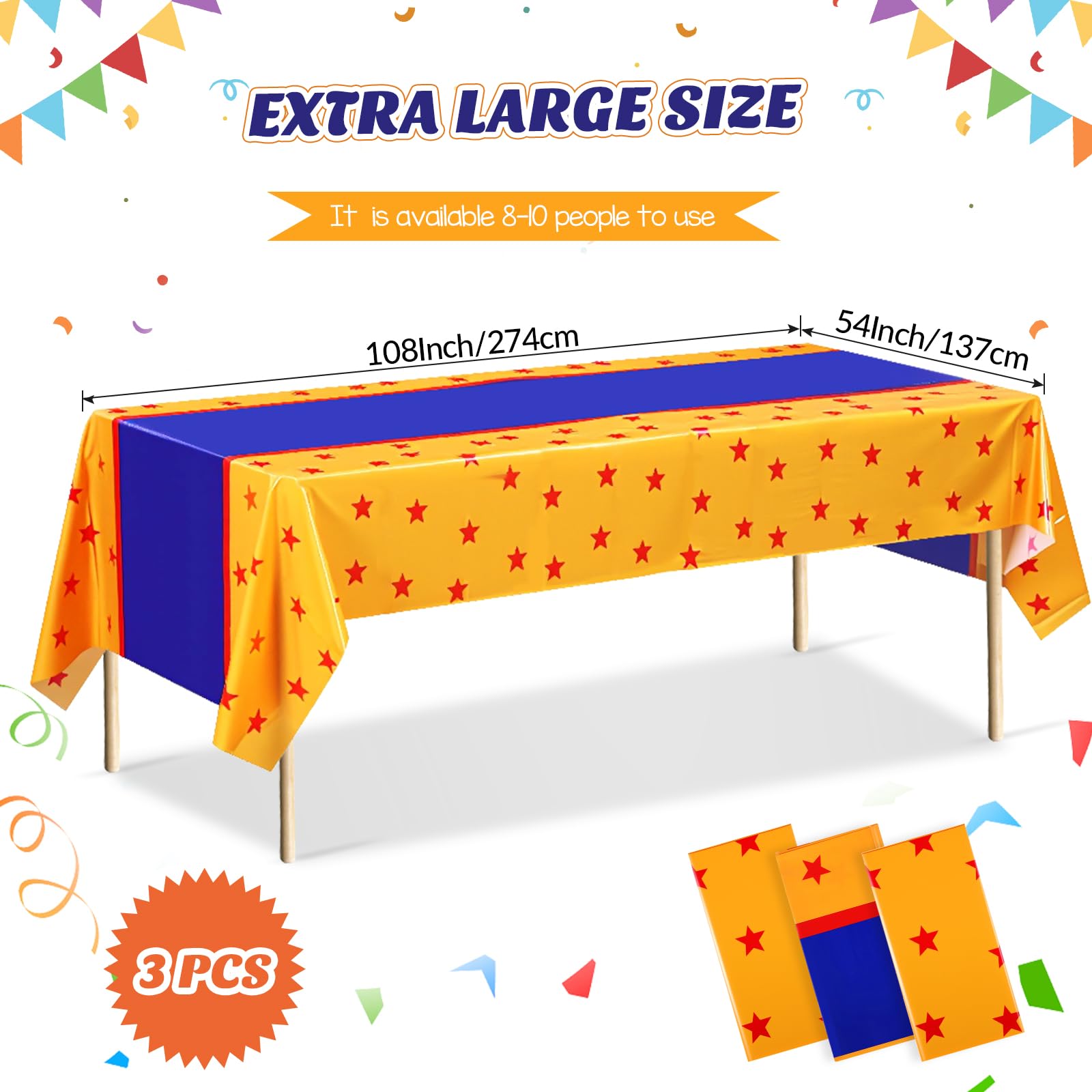 Oudain 3 Pcs Anime Theme Tablecloth – 108 x 54 in | Yellow, Blue & Red Stars