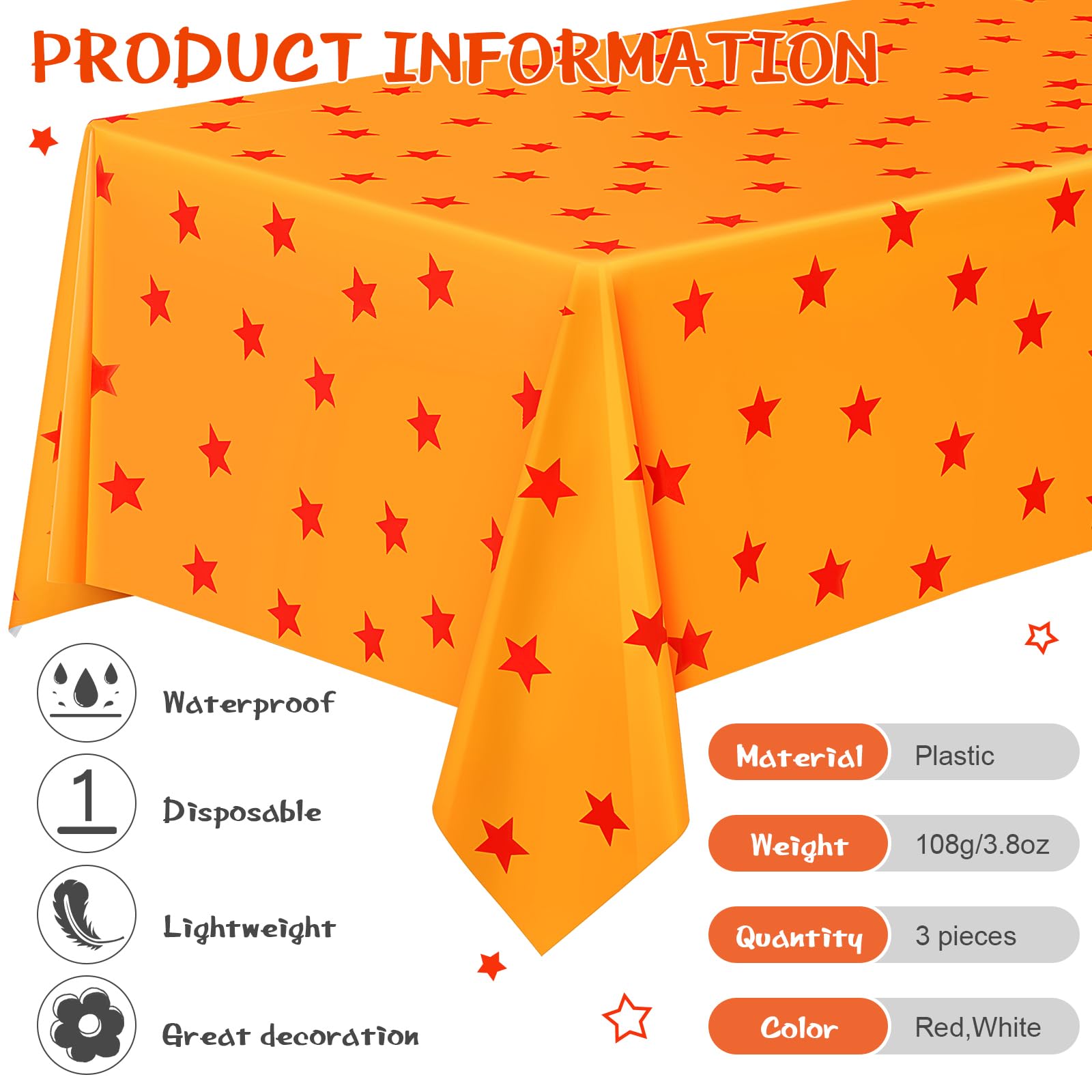 Oudain Anime Theme Tablecloth Set – 3pc, Yellow & Red Stars, 108x54 in