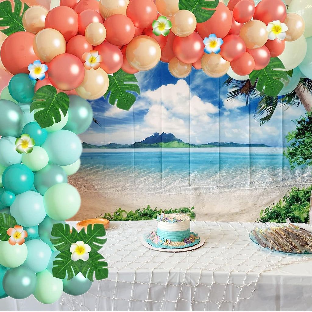 Ouddy Party Tropical Balloon Garland Arch Kit – 85pcs 12in/10in/5in Balloons with Palm Leaves & Plumeria for Luau & Hawaii Parties