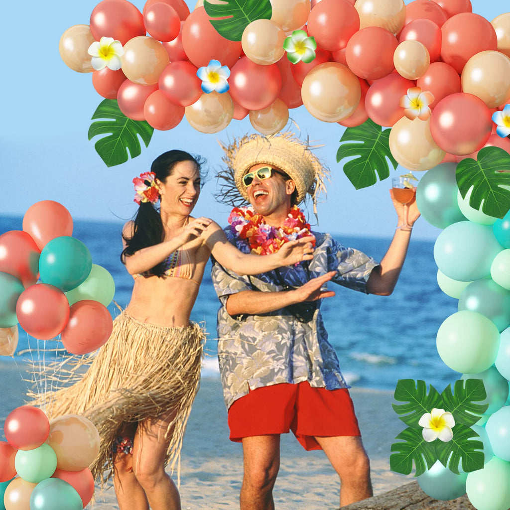 Ouddy Party Tropical Balloon Garland Arch Kit – 85pcs 12in/10in/5in Balloons with Palm Leaves & Plumeria for Luau & Hawaii Parties