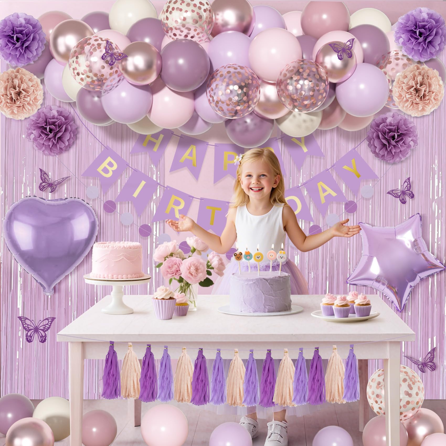 Ouddy Party Dusty Purple Birthday Decorations – Lavender Pink Confetti & Rose Gold Balloons