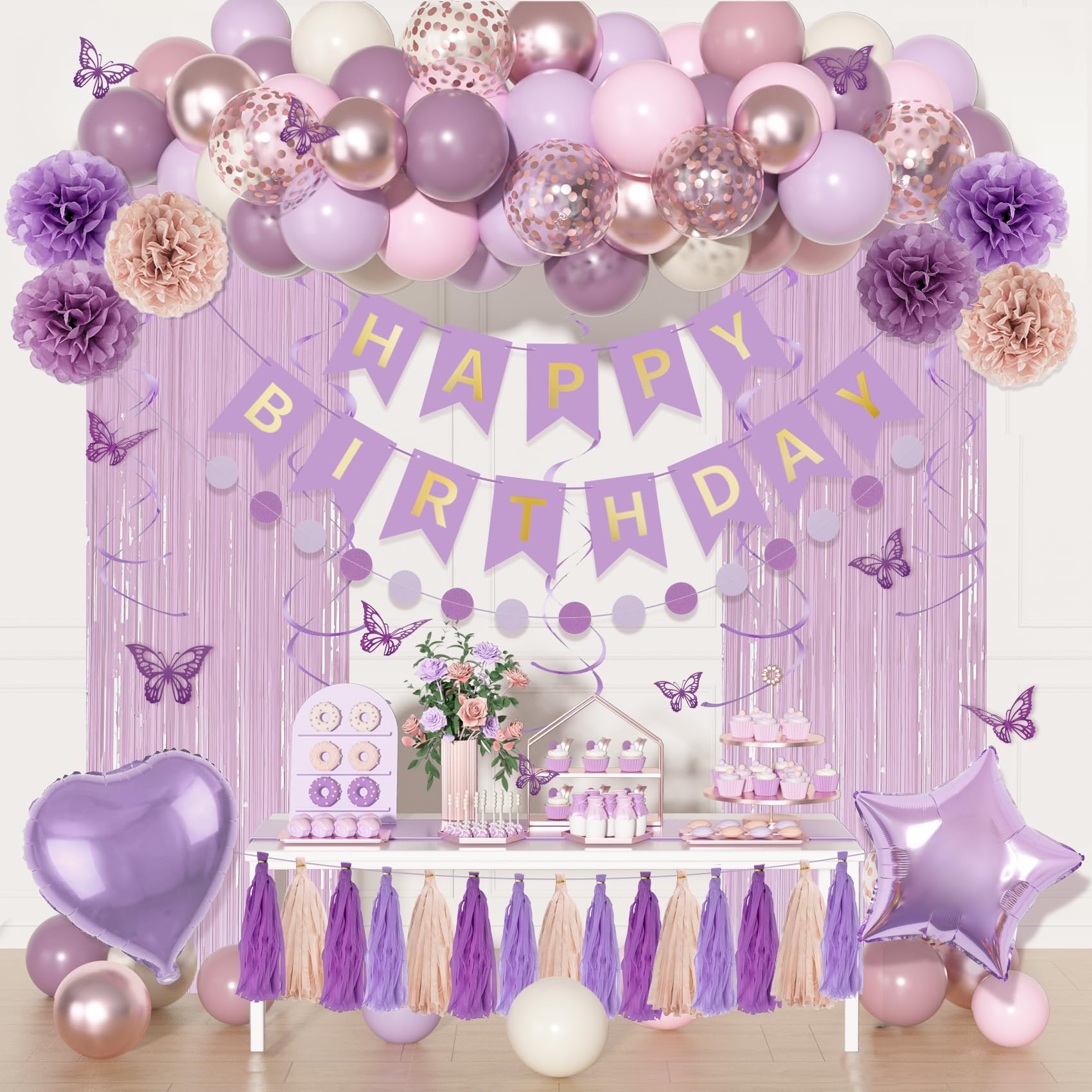 Ouddy Party Dusty Purple Birthday Decorations – Lavender Pink Confetti & Rose Gold Balloons