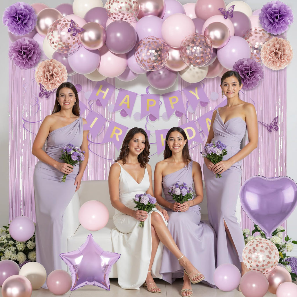 Ouddy Party Dusty Purple Birthday Decorations – Lavender Pink Confetti & Rose Gold Balloons