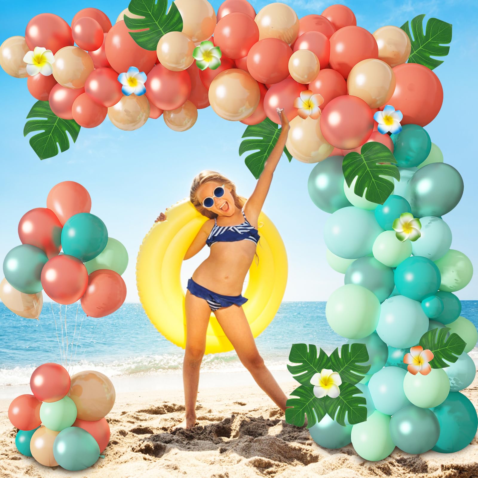 Ouddy Party Tropical Balloon Garland Arch Kit – 85pcs 12in/10in/5in Balloons with Palm Leaves & Plumeria for Luau & Hawaii Parties