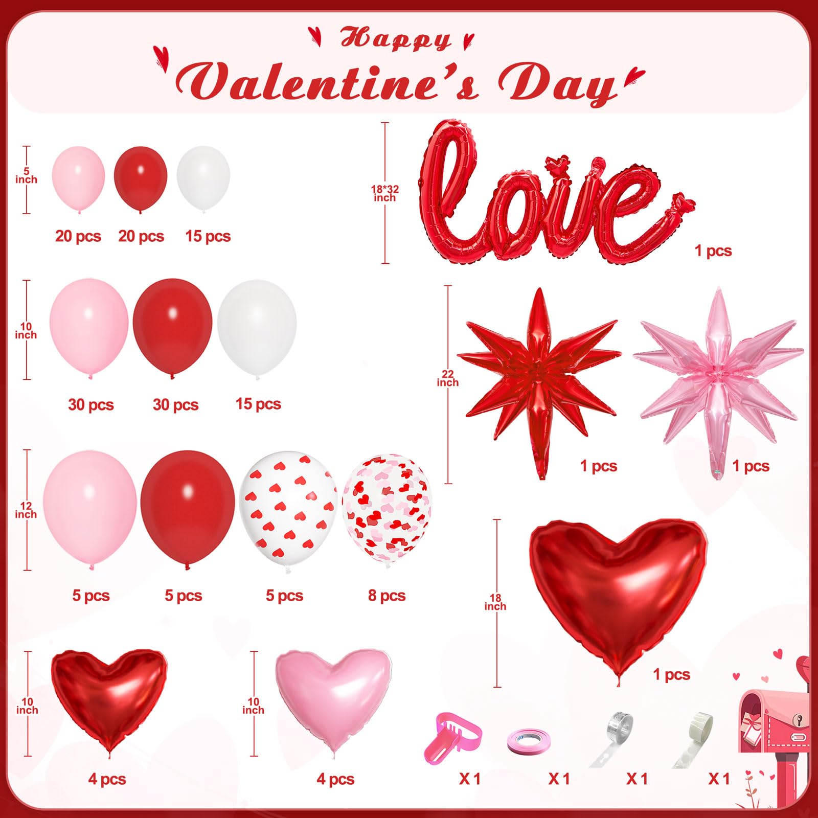Ouddy Life 169Pcs Valentines Day Balloons Garland Arch Kit – Pink Red White Confetti Hearts