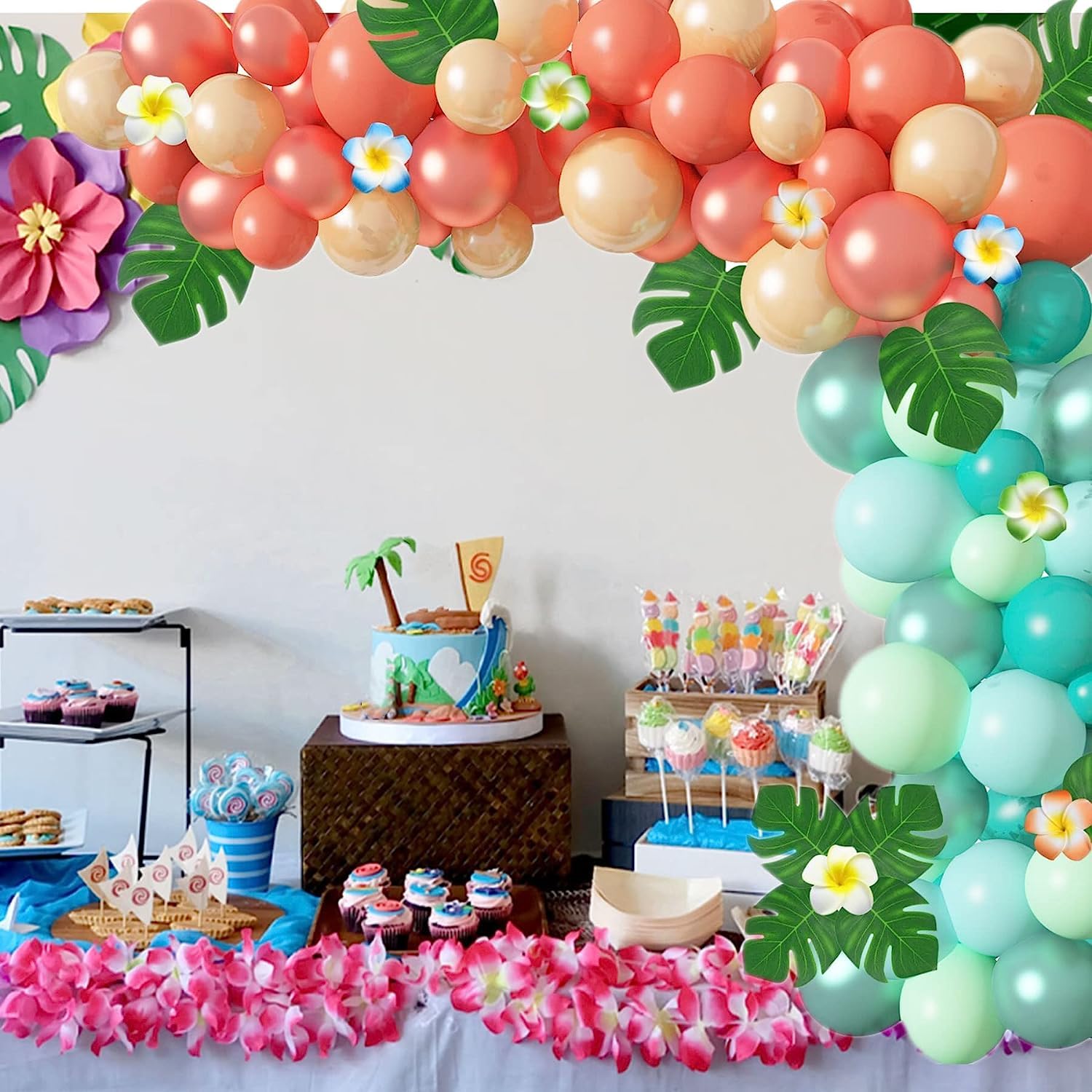 Ouddy Party Tropical Balloon Garland Arch Kit – 85pcs 12in/10in/5in Balloons with Palm Leaves & Plumeria for Luau & Hawaii Parties