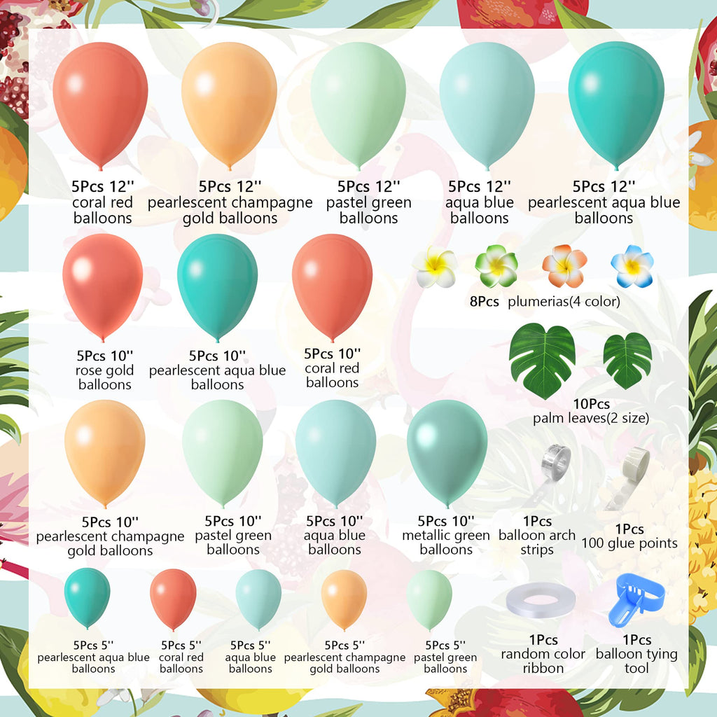 Ouddy Party Tropical Balloon Garland Arch Kit – 85pcs 12in/10in/5in Balloons with Palm Leaves & Plumeria for Luau & Hawaii Parties