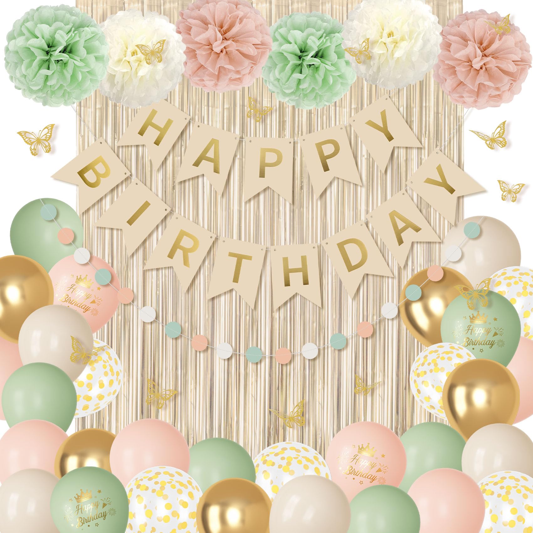 Ouddy Party Pink & Sage Green Birthday Decorations – Balloons & Banners