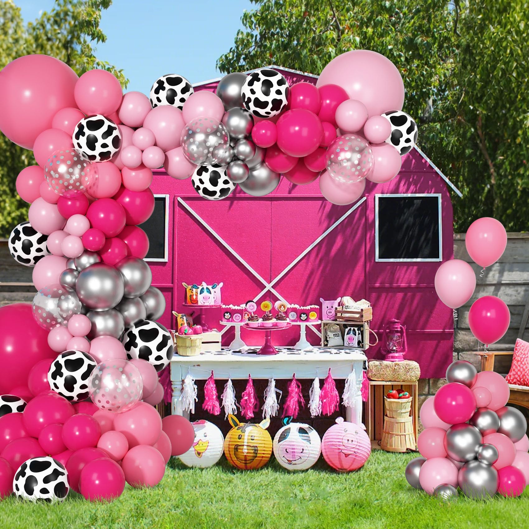 Ouddy Party 170Pcs Cowgirl Balloons Arch Kit – Hot Pink & Silver Cow Print, Western Party Decor