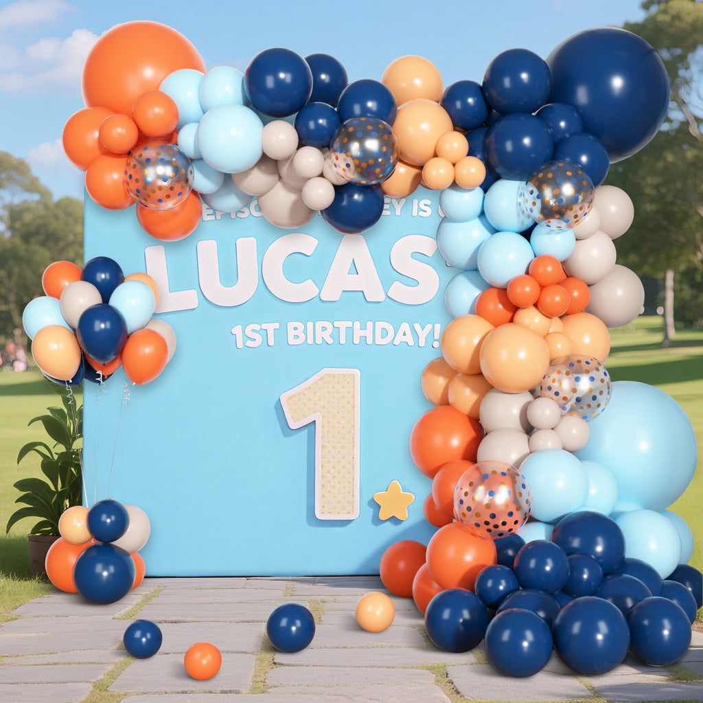Ouddy Party 170Pcs Balloon Arch Garland Kit – Navy, Light Blue & Orange Confetti Balloons