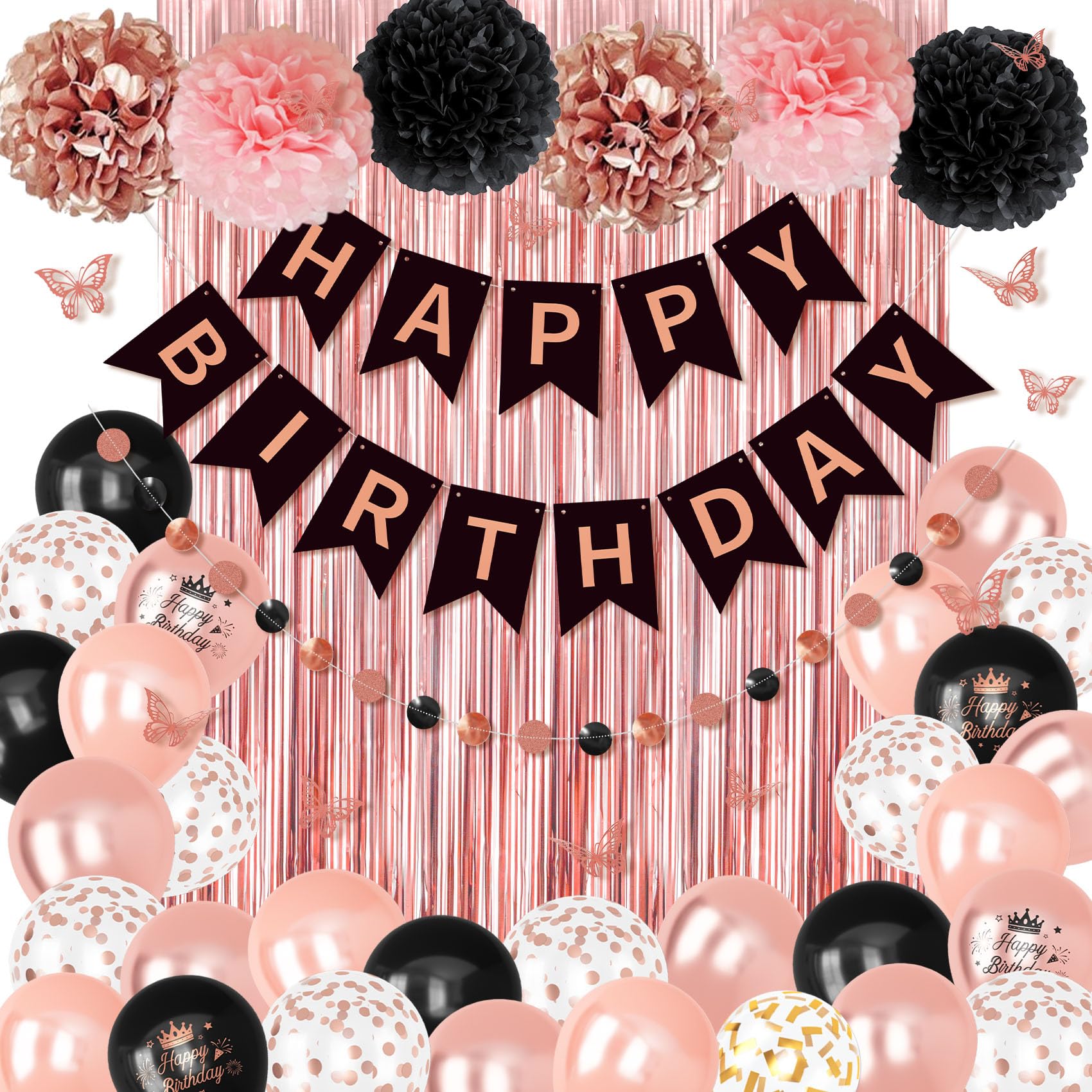 Ouddy Party Rose Gold & Black Birthday Decorations for Women & Girls | Balloons, Banners & Fringe Curtain