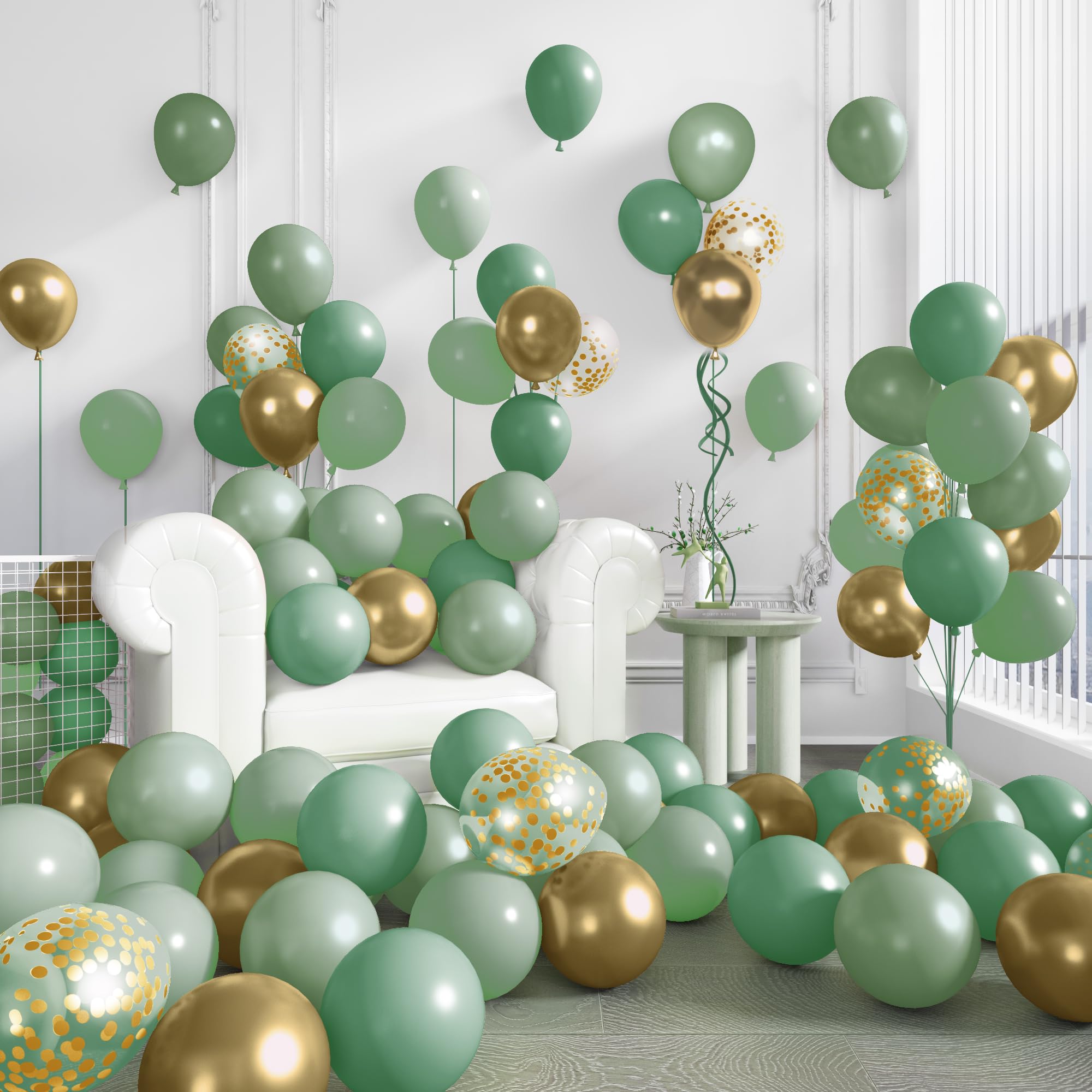 Ouddy Party 72Pcs Sage Green Balloons Set – Pearl Green, Metallic Gold & Confetti for Baby Showers, Weddings, Parties