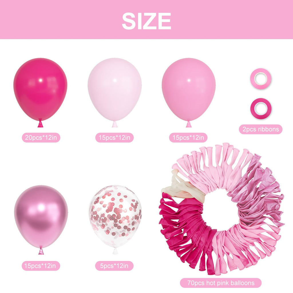 Ouddy Party 72pcs Pink Balloons Set — 12in Hot Pink, Pastel Pink, Metallic & Confetti Balloons for Parties