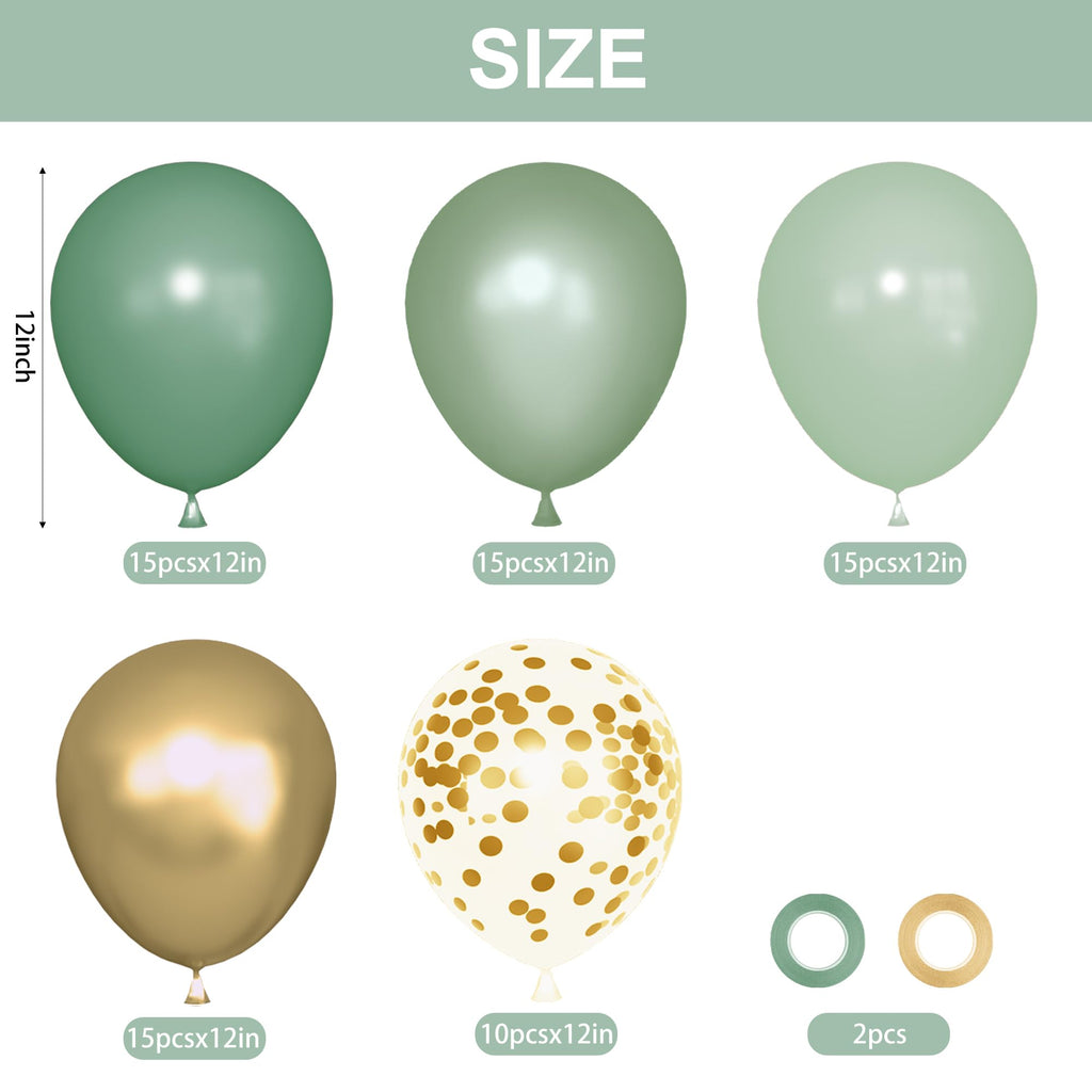 Ouddy Party 72Pcs Sage Green Balloons Set – Pearl Green, Metallic Gold & Confetti for Baby Showers, Weddings, Parties