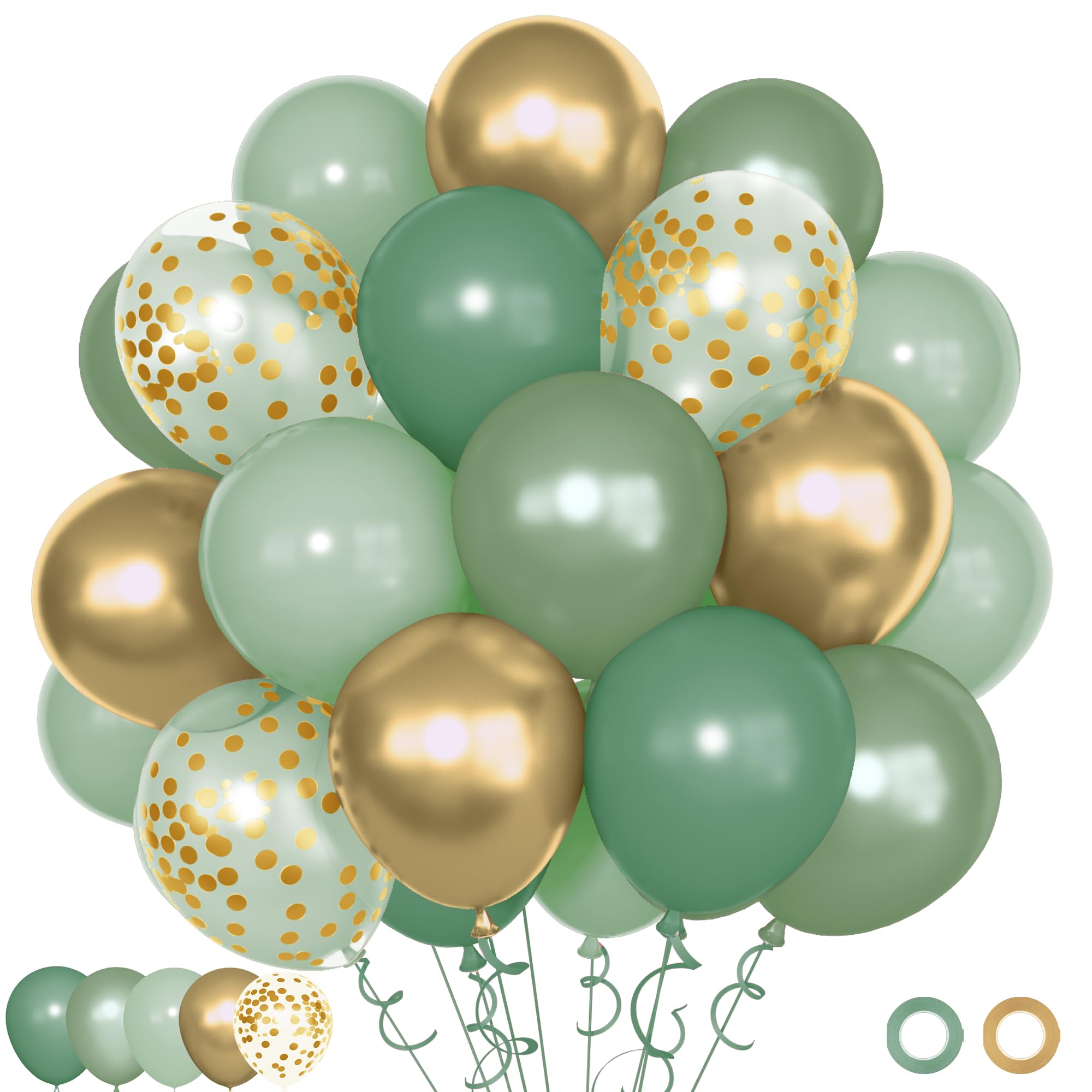 Ouddy Party 72Pcs Sage Green Balloons Set – Pearl Green, Metallic Gold & Confetti for Baby Showers, Weddings, Parties