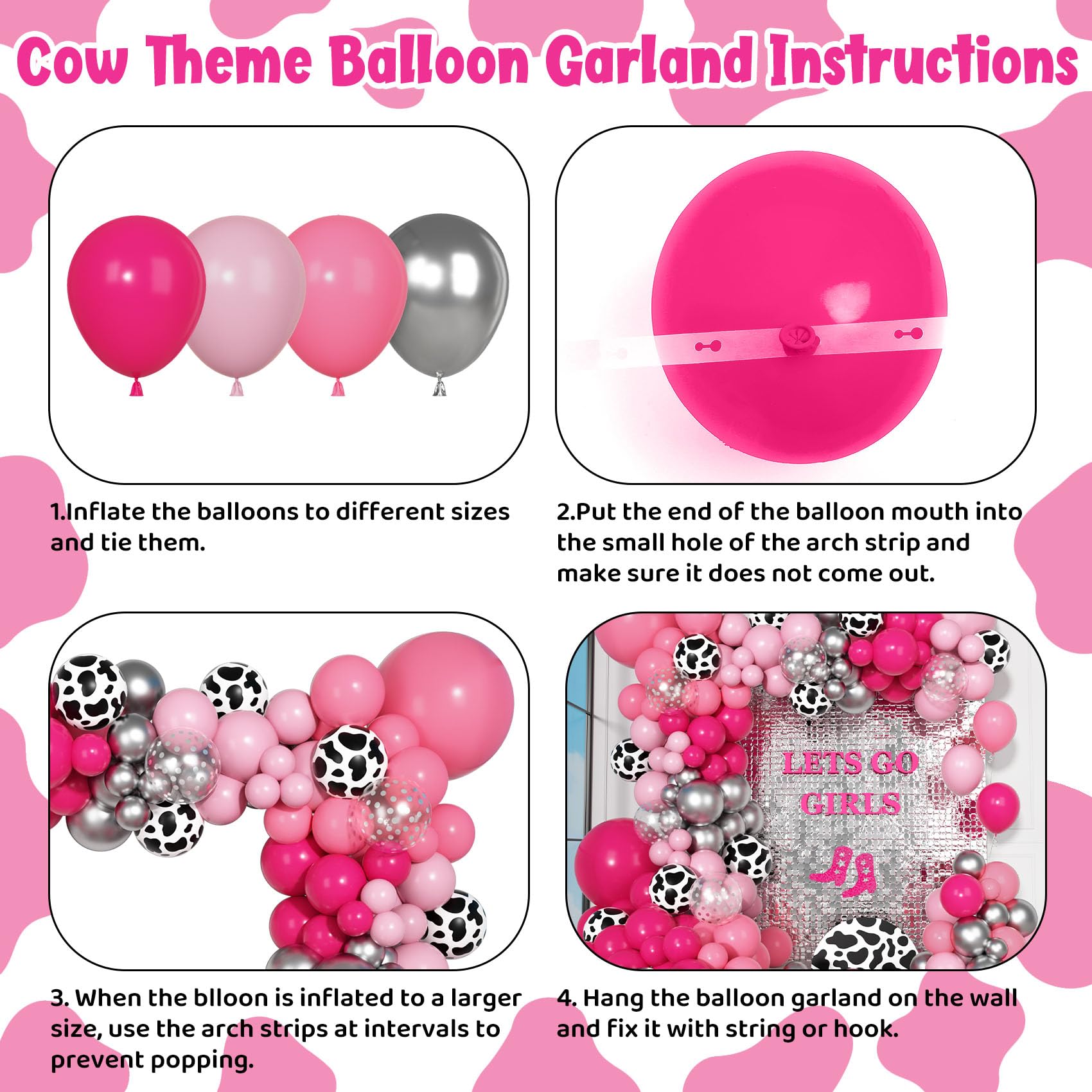 Ouddy Party 170Pcs Cowgirl Balloons Arch Kit – Hot Pink & Silver Cow Print, Western Party Decor