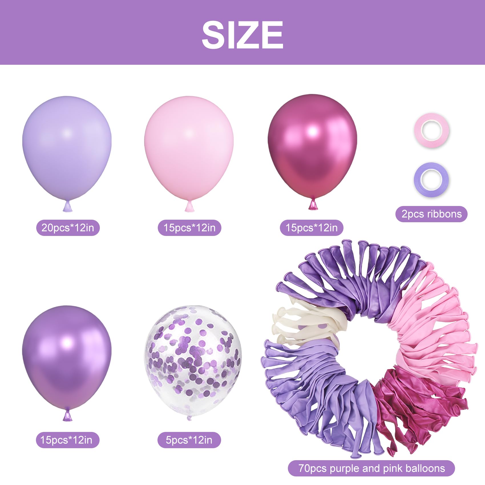 Ouddy Party 72pcs Pink & Purple Balloon Set – Confetti & Metallic Balloons for Party Decor