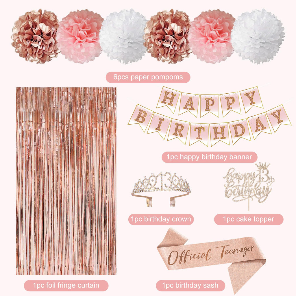 Ouddy Party 13th Birthday Decorations for Girls – Rose Gold Teenager Set