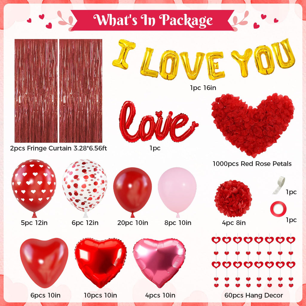 Ouddy Party Red Valentines Day Decorations Set – I Love You Banner, 1000 Rose Petals, Heart Balloons & Foil Curtain