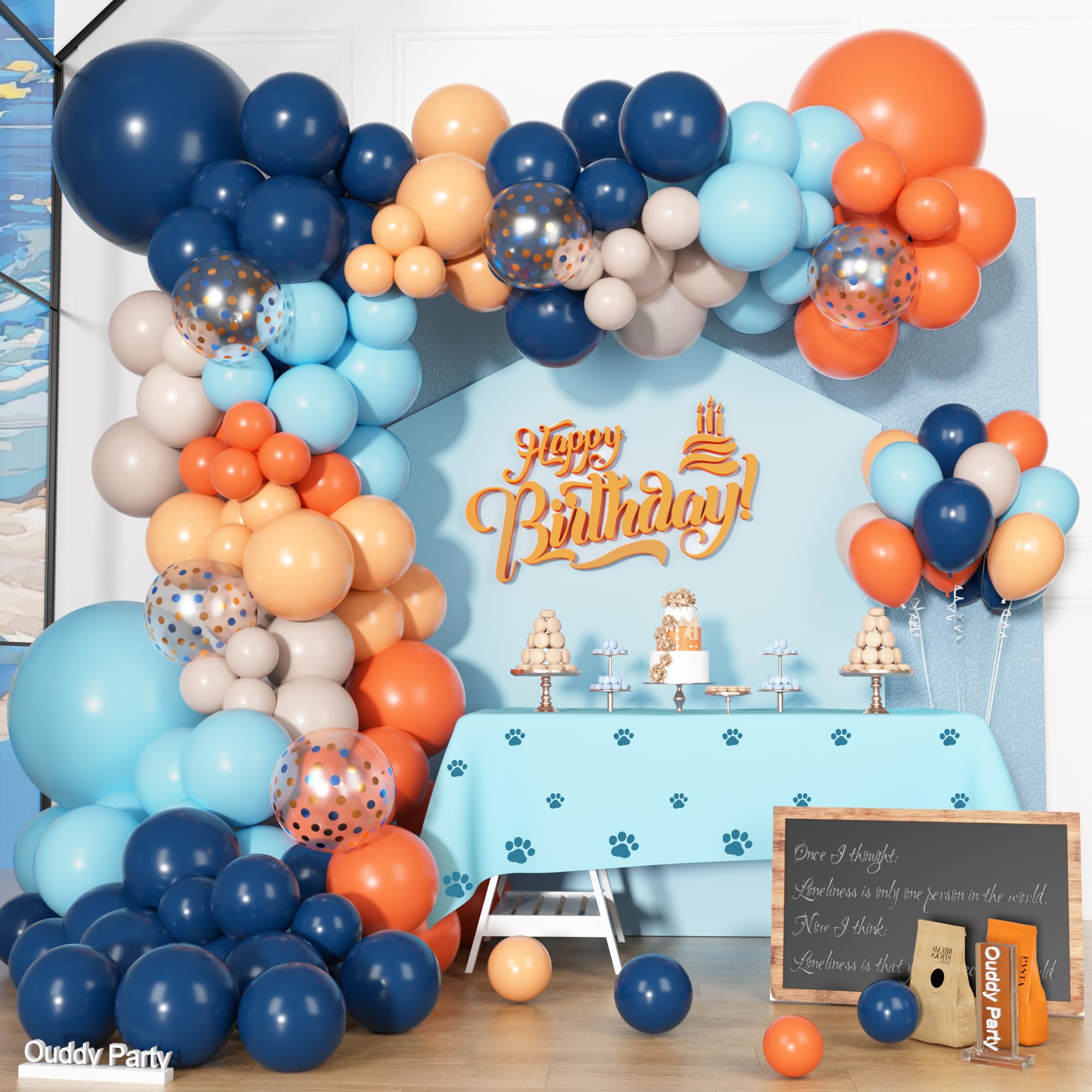 Ouddy Party 170Pcs Balloon Arch Garland Kit – Navy, Light Blue & Orange Confetti Balloons