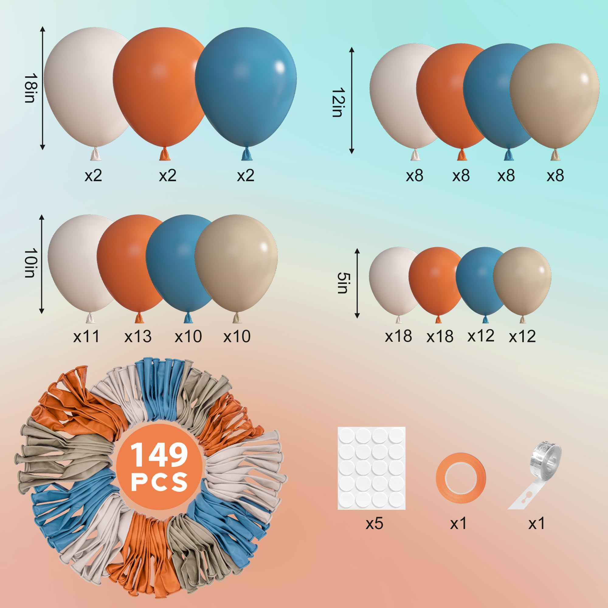 Ouddy Party 149Pcs Dusty Blue & Burnt Orange Balloon Arch Garland Kit – 18in, 12in, 10in & 5in Balloons