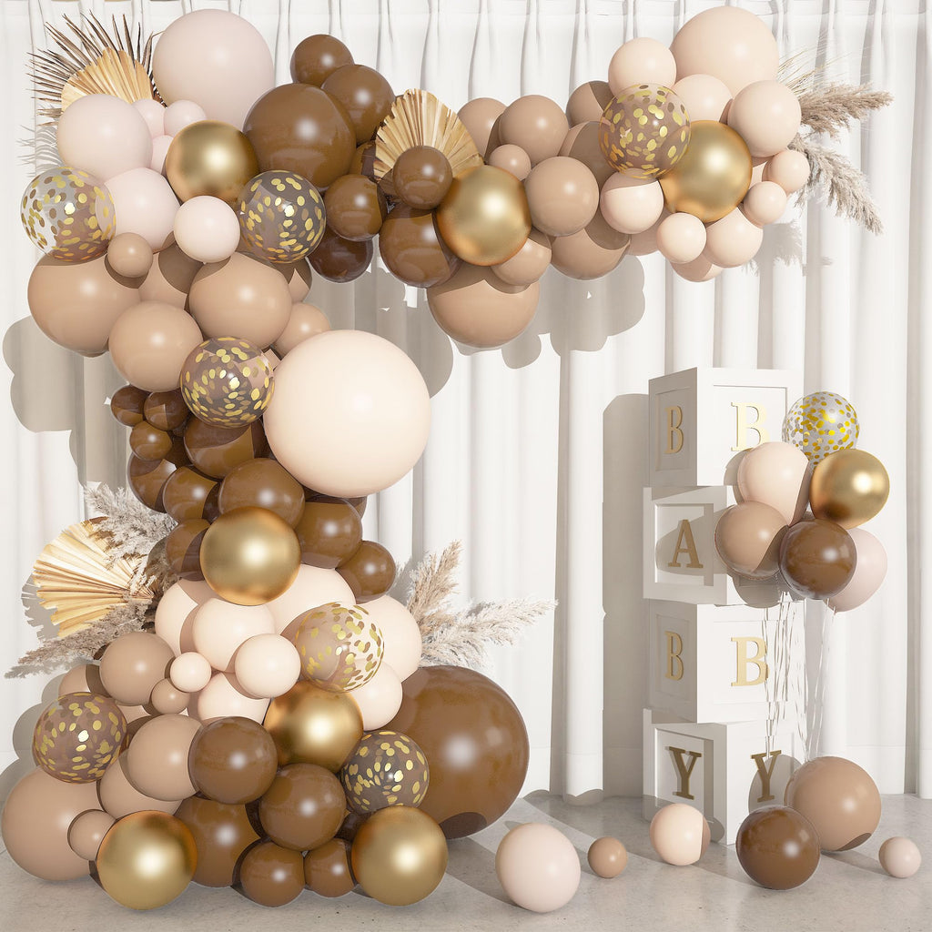 Ouddy Party 150PCS Brown Balloons Garland Arch Kit – Coffee Brown, Nude & Gold