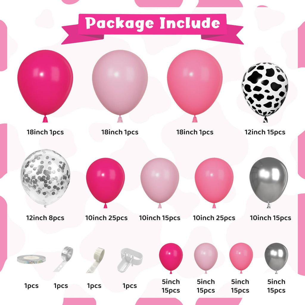 Ouddy Party 170Pcs Cowgirl Balloons Arch Kit – Hot Pink & Silver Cow Print, Western Party Decor
