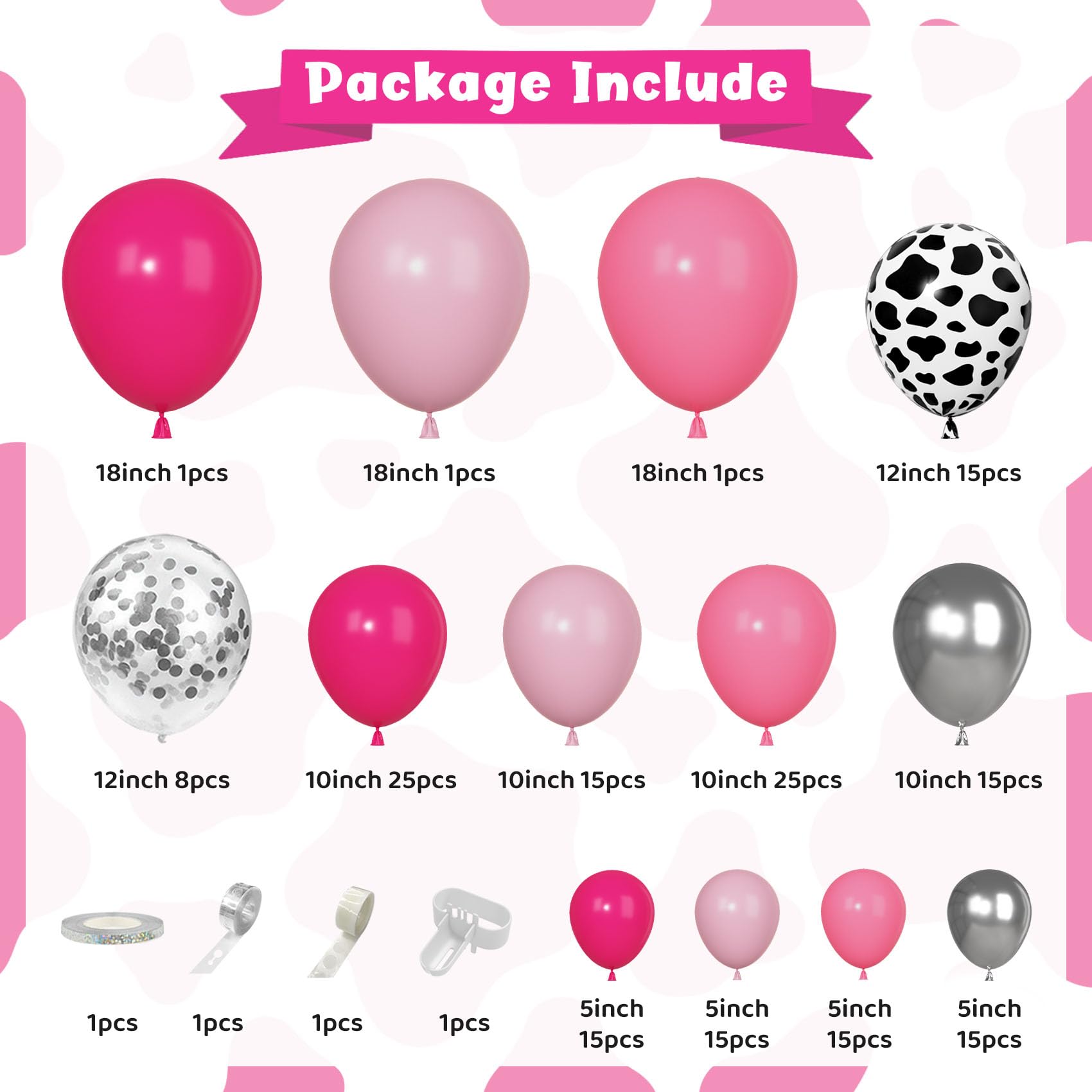 Ouddy Party 170Pcs Cowgirl Balloons Arch Kit – Hot Pink & Silver Cow Print, Western Party Decor