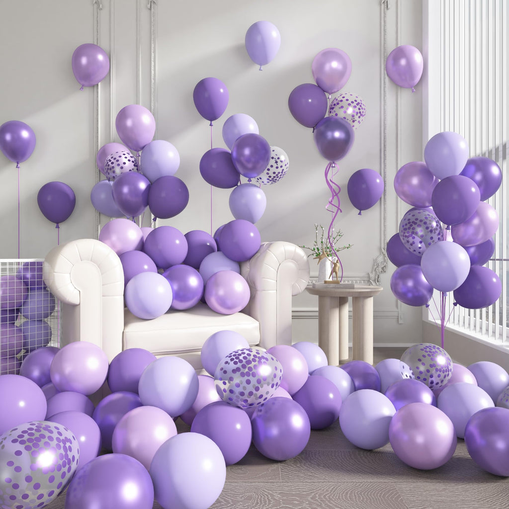 Ouddy Party 72Pcs Purple Balloons Set – 12in Lavender, Pearl & Confetti Latex