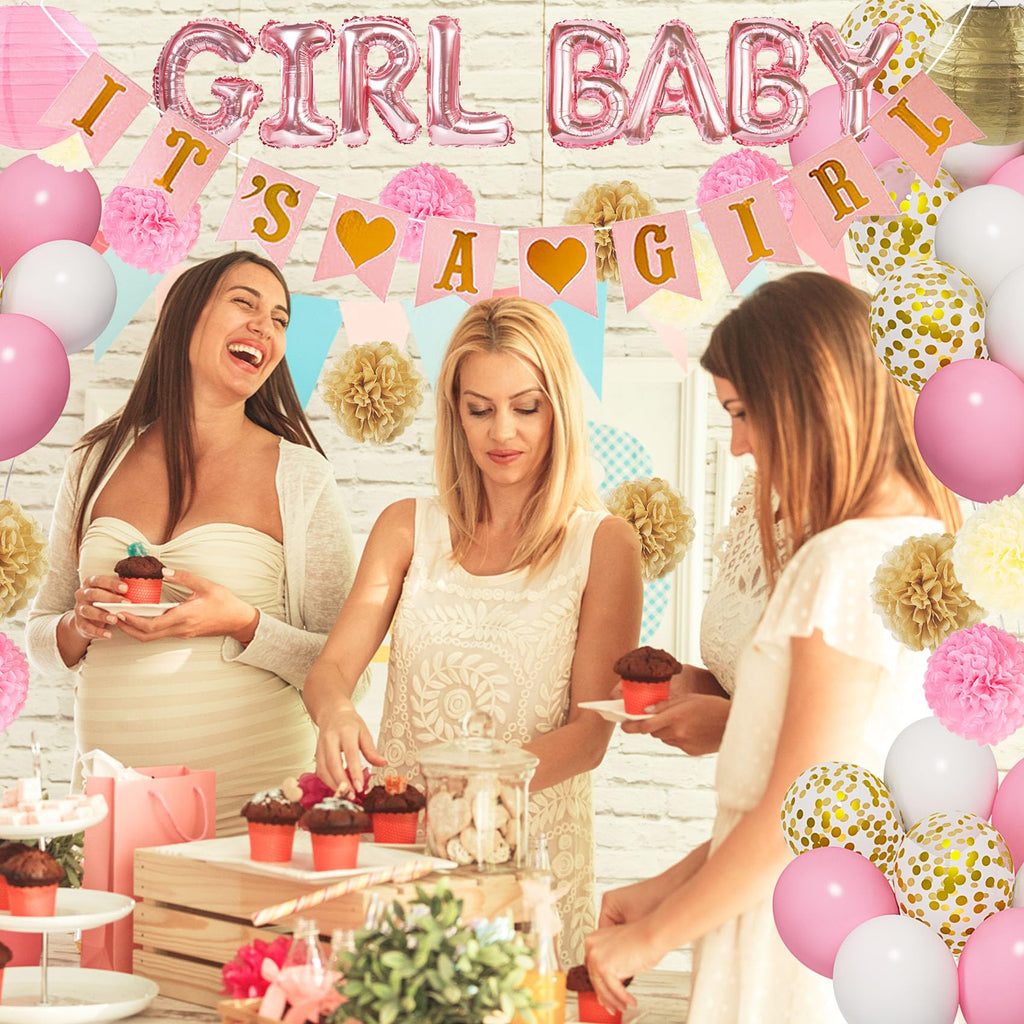 Ouddy Party Pink Baby Shower Decorations – It’s a Girl Banner, Pink Gold Balloons