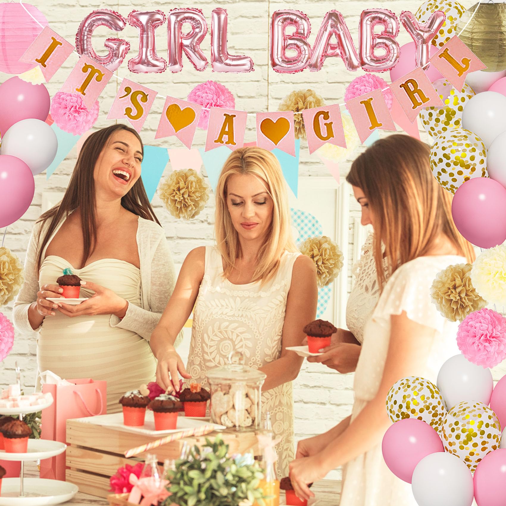 Ouddy Party Pink Baby Shower Decorations – It’s a Girl Banner, Pink Gold Balloons