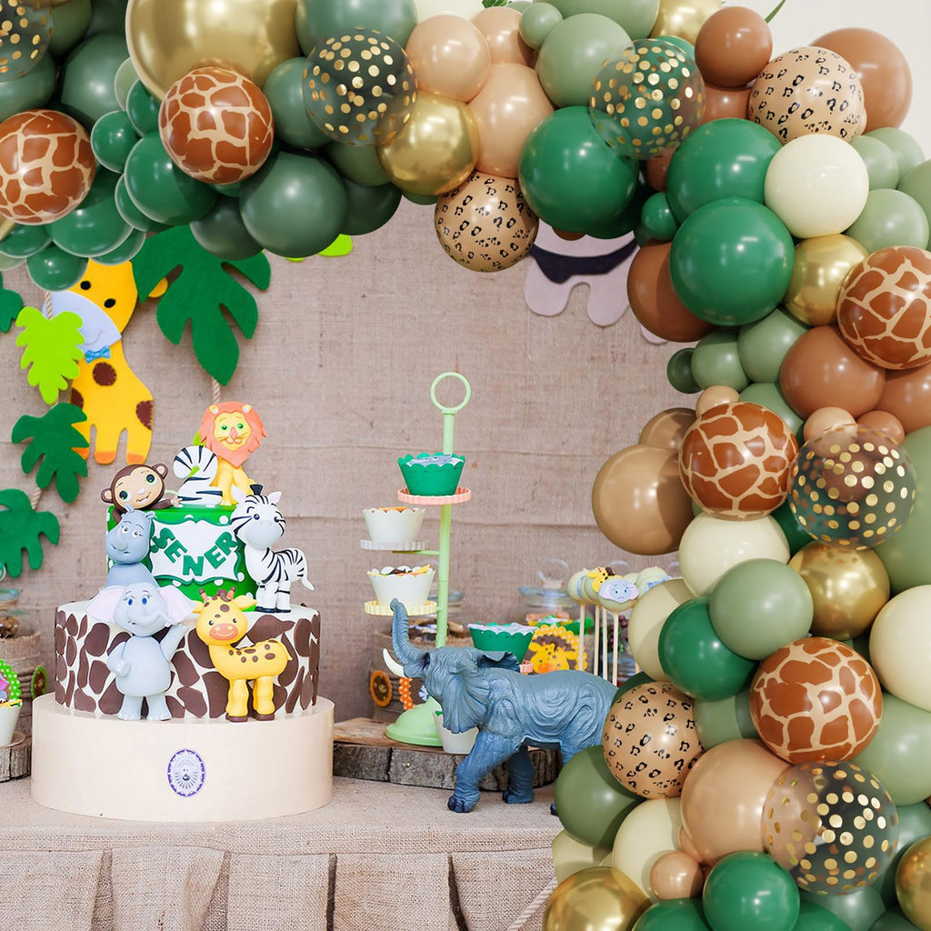 Ouddy Party 170Pcs Jungle Safari Balloons Arch Garland Kit – Sage Green & Brown Animal Print, Palm Leaves for Baby Shower & Jungle Theme